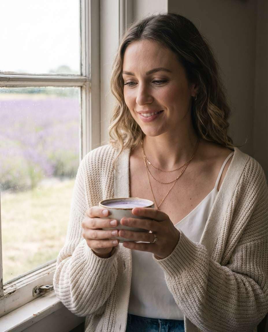 Cafe Lavender Latte View AI portrait example — AI Lavender Field Photo