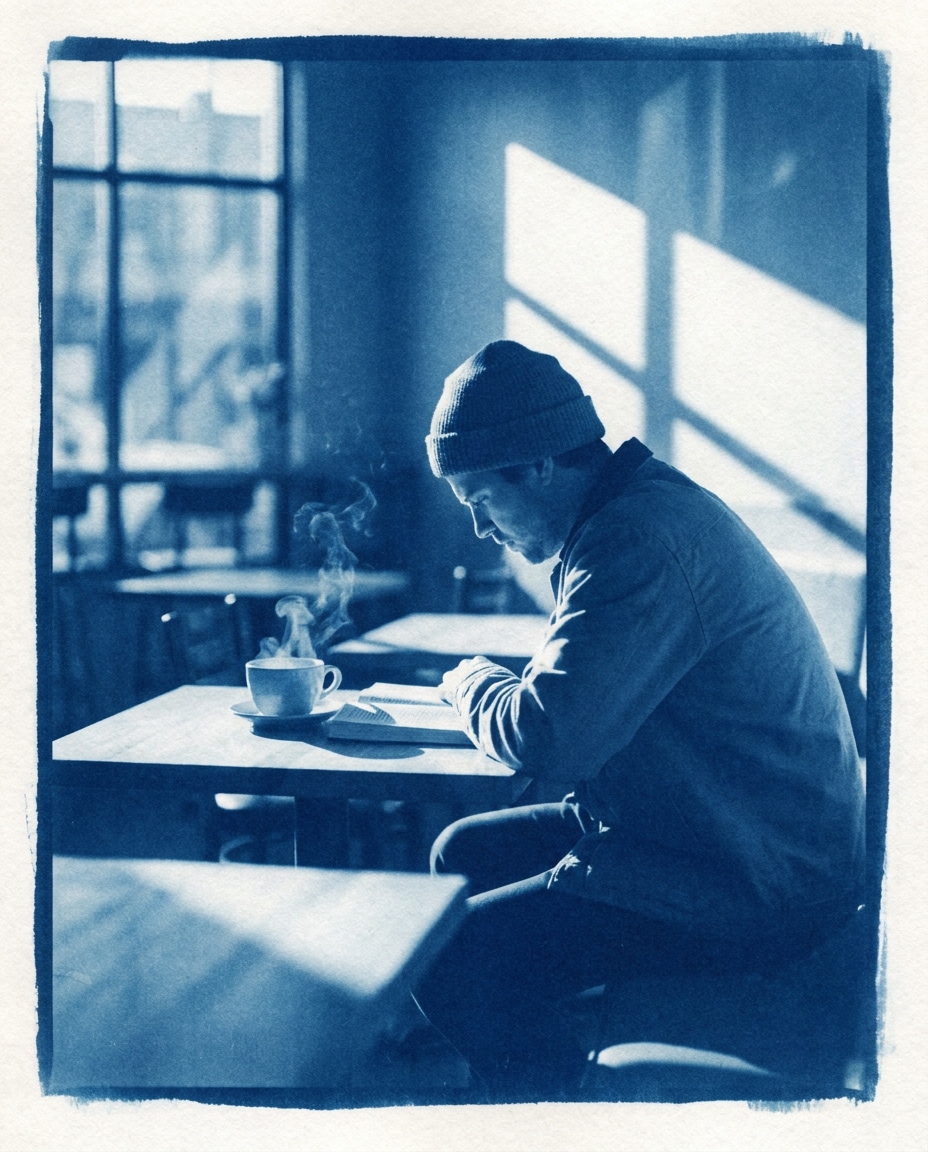 Cafe Reading Quiet AI portrait example — Free AI Cyanotype Photo Prompts for Gemini & ChatGPT
