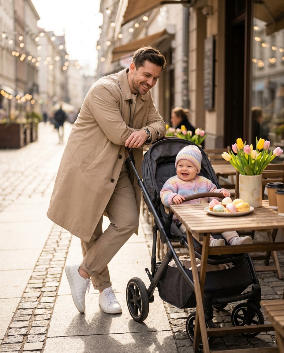 Cafe Stroller Moment AI portrait example — AI Easter Baby Photography Prompt