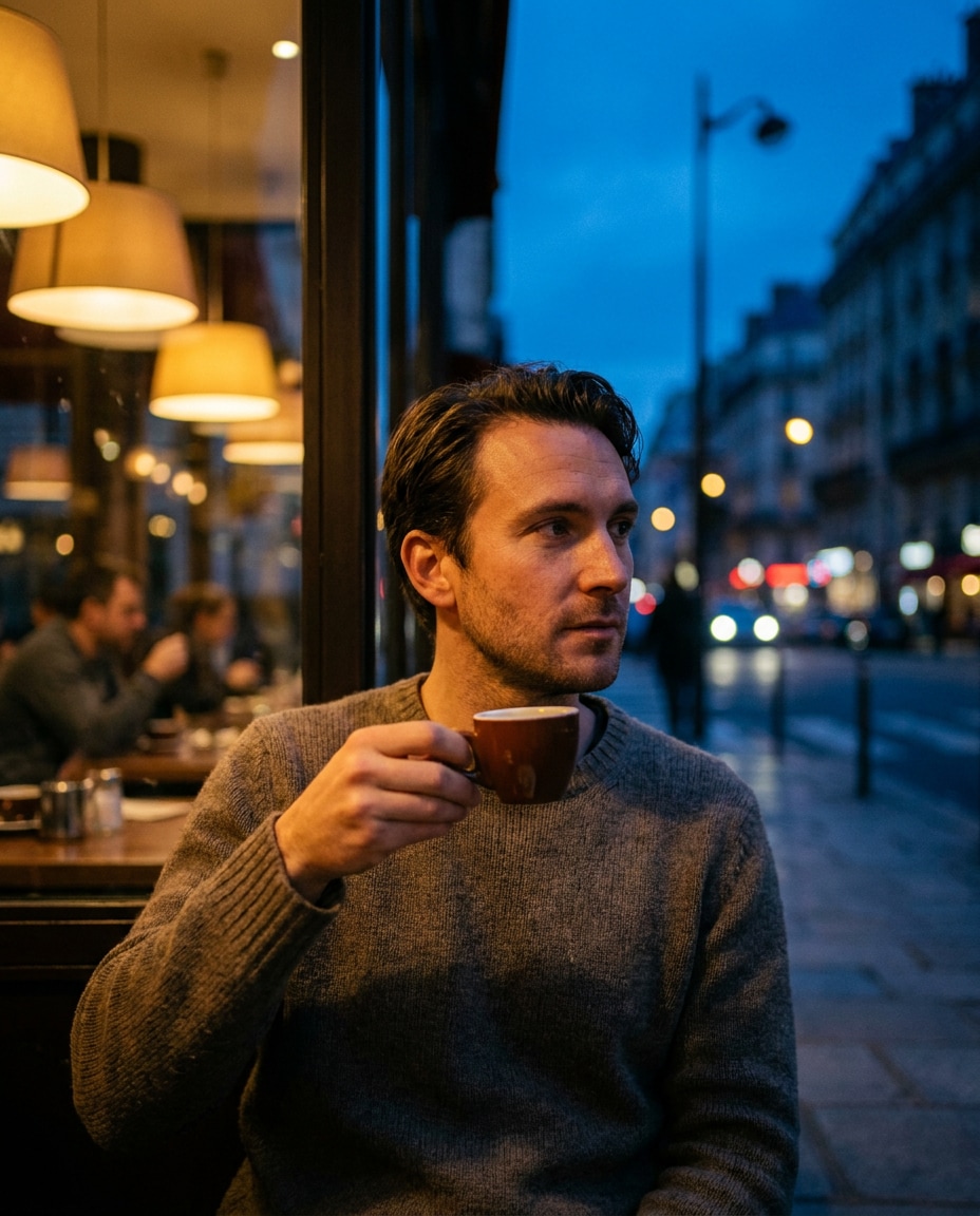 Cafe Window Glow AI portrait example — Gemini AI Blue Hour Photo Prompt