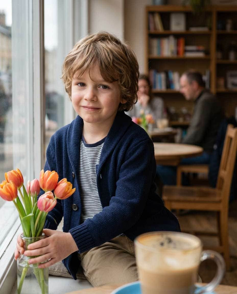 Cafe Window Light AI portrait example — AI Flower Photo Prompt for Boys