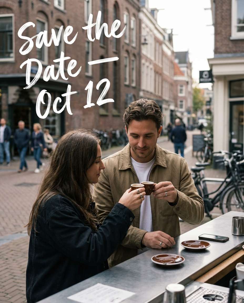 Candid Street Cafe AI portrait — Gemini AI Save The Date Prompt