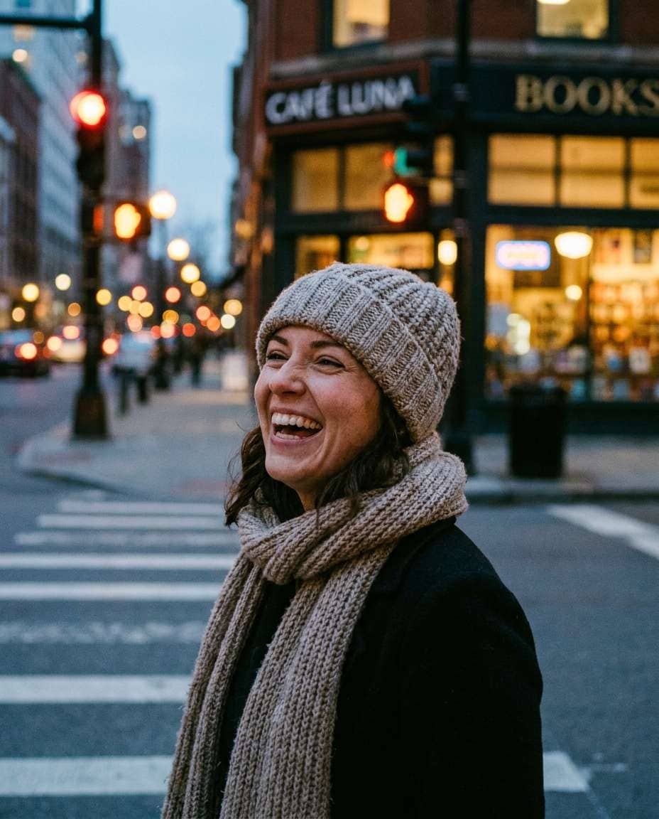 Candid Street Laugh AI portrait — Gemini AI Blue Hour Photo Prompt