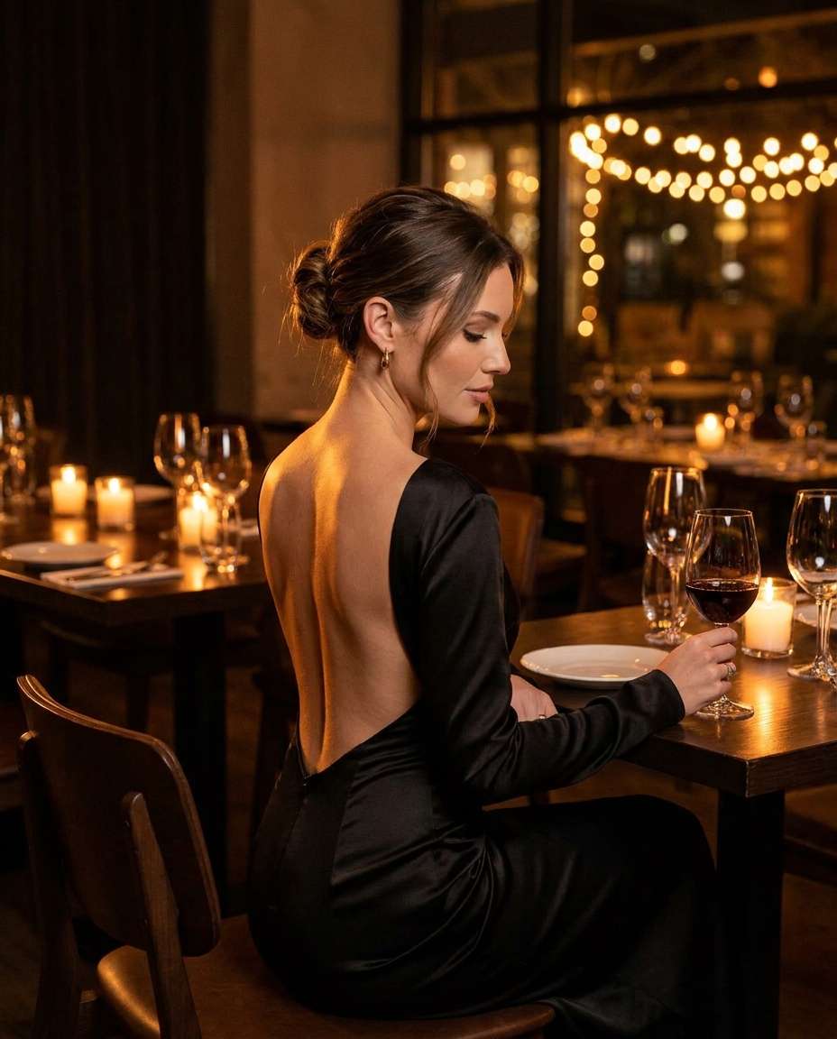 Candlelit Dinner AI portrait — Gemini AI Backless Dress Prompt