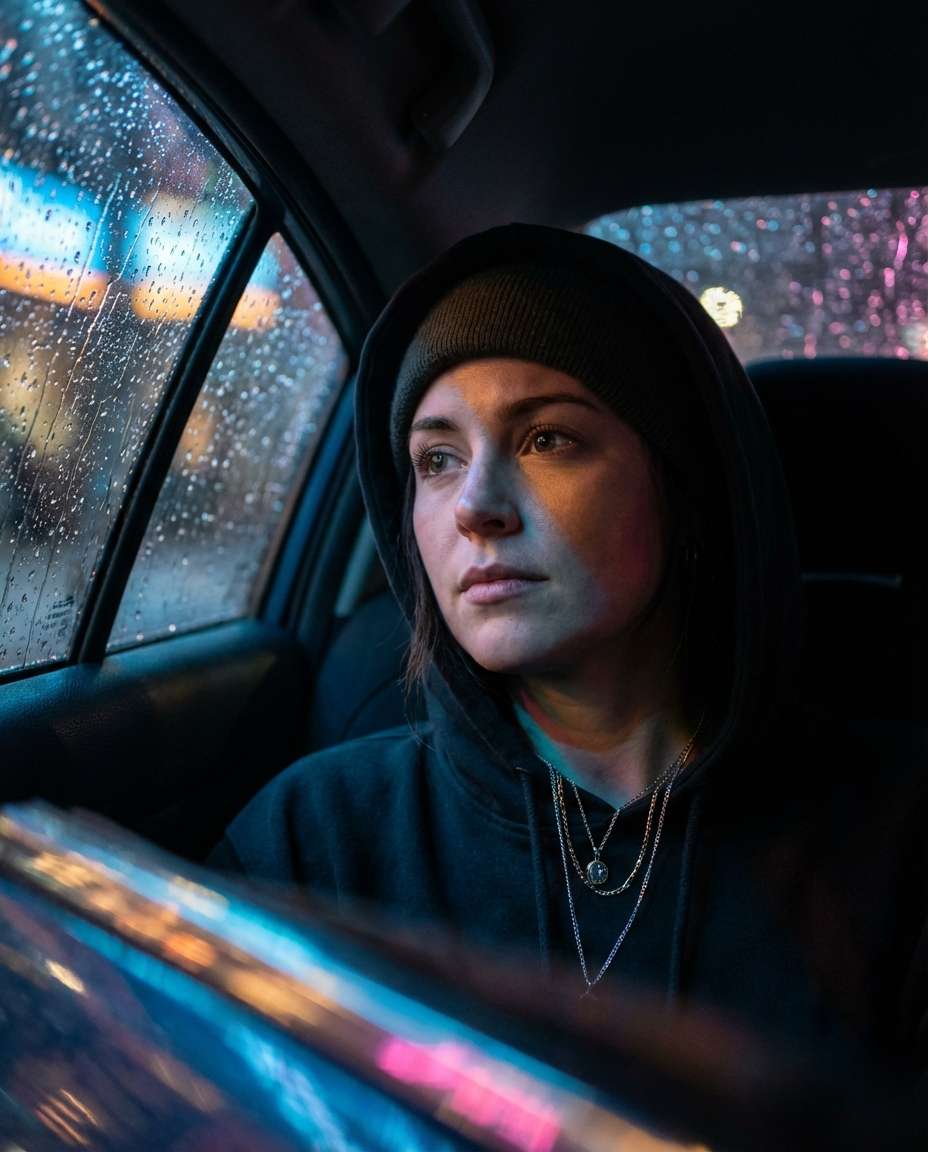 Car Window Neon Reflection AI portrait example — AI Neon Light Effect Photo Prompt