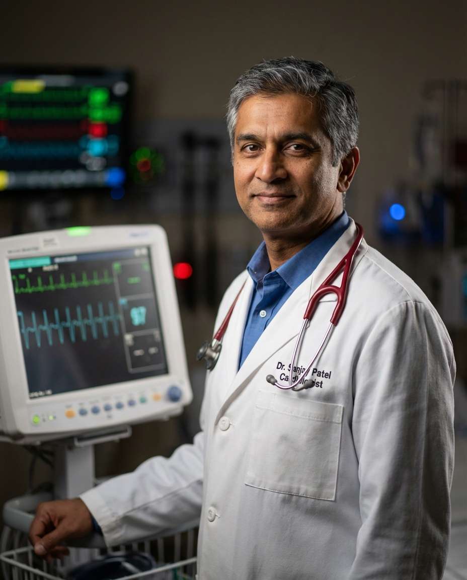 Cardiology Monitor Bokeh AI portrait example — AI Doctor Photography Prompt