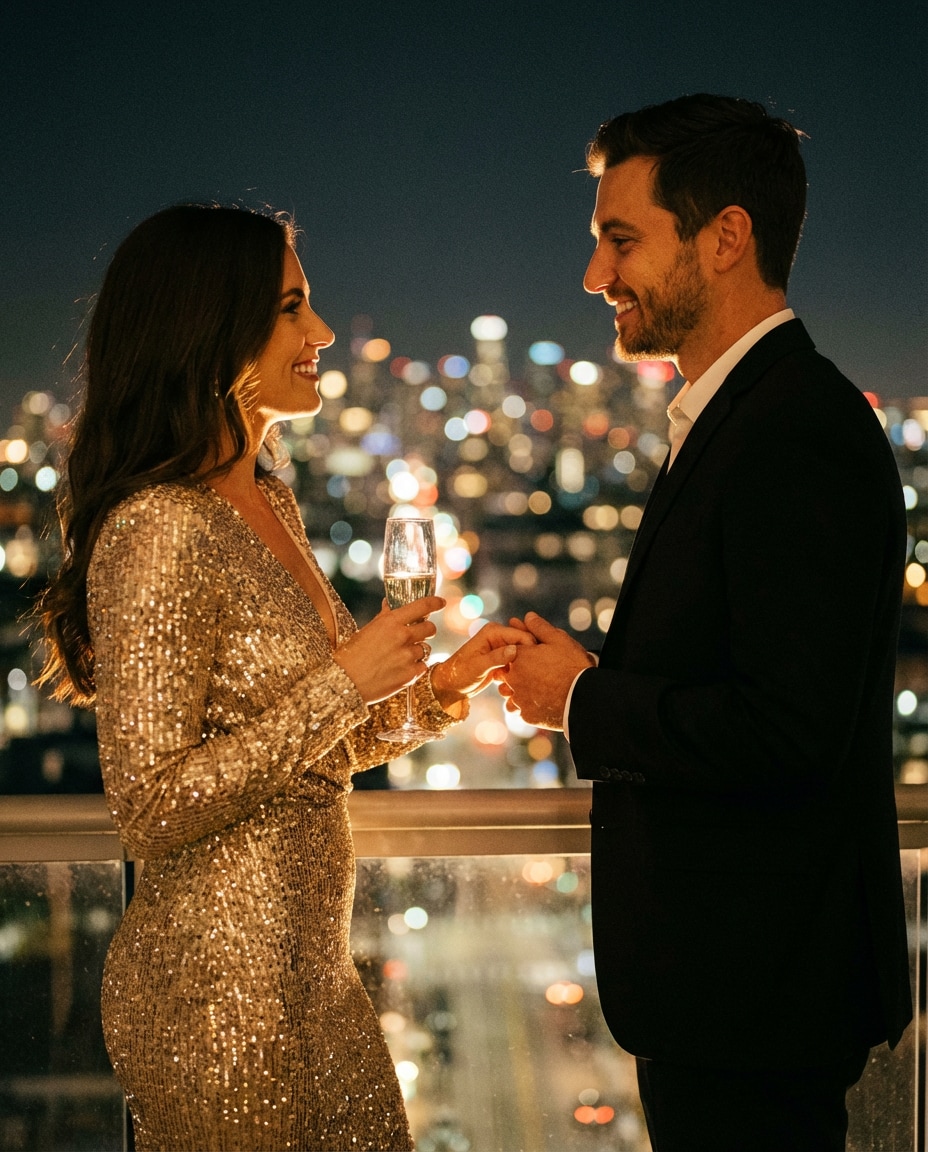 Champagne Balcony AI portrait — Gemini AI Hot Dress Couple Prompt
