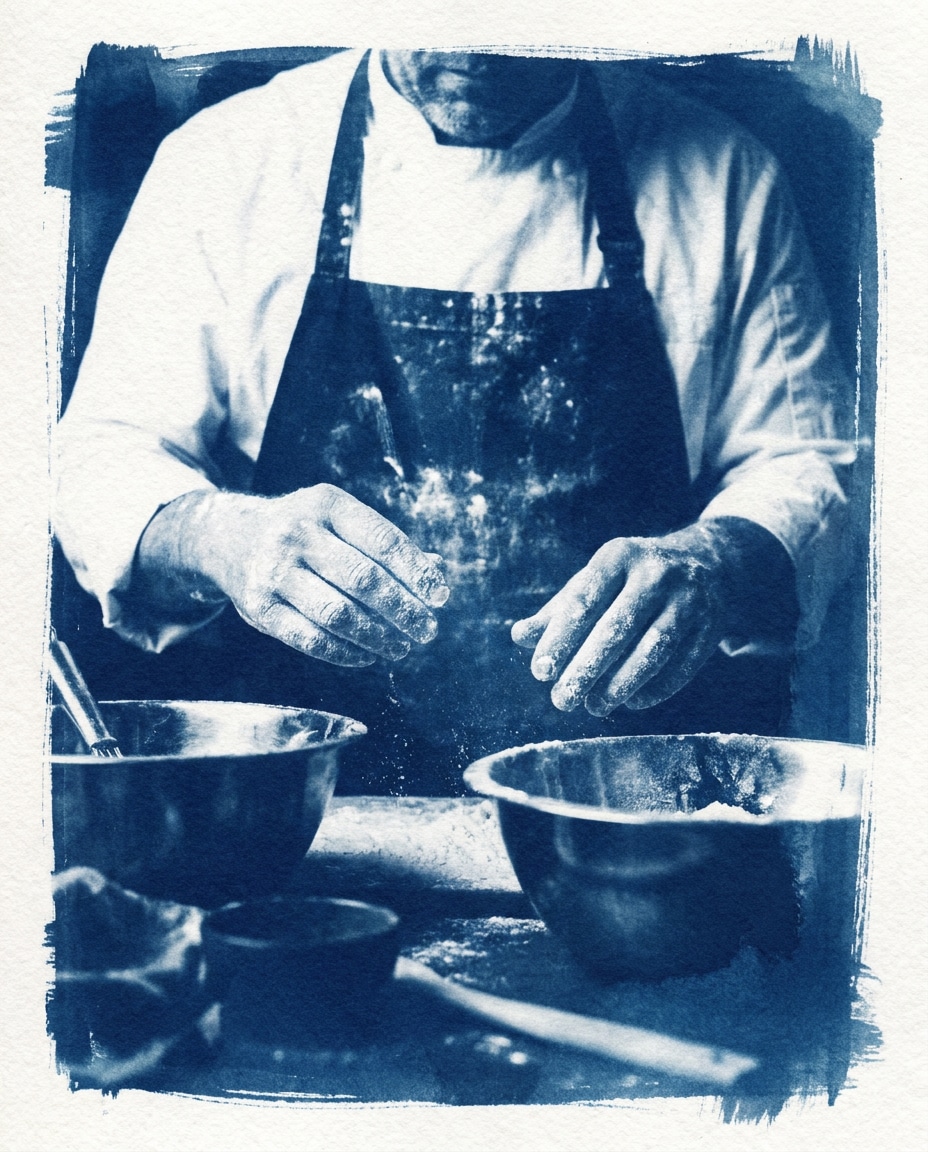 Chef at Counter AI portrait example — Free AI Cyanotype Photo Prompts for Gemini & ChatGPT
