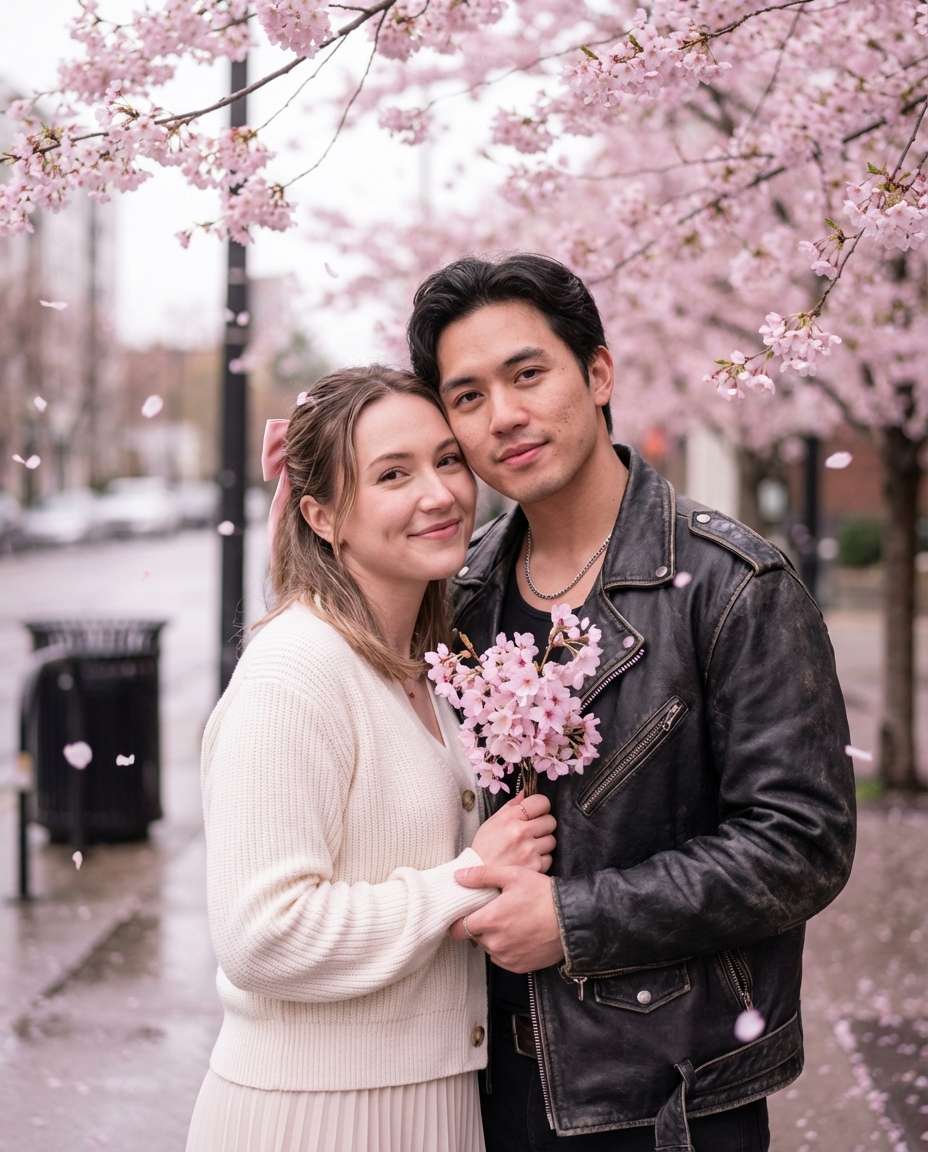 Cherry Blossom Street Date AI portrait