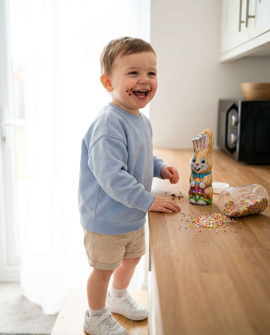 Chocolate Smudge Moment AI portrait example — AI Easter Baby Photography Prompt