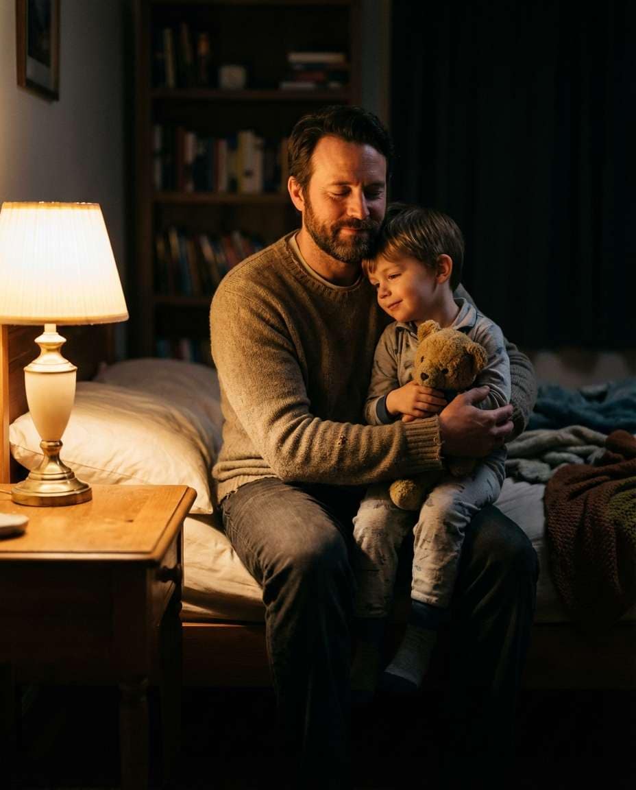 Cinematic Bedroom Night AI portrait example — Gemini Hug My Youngself Prompt
