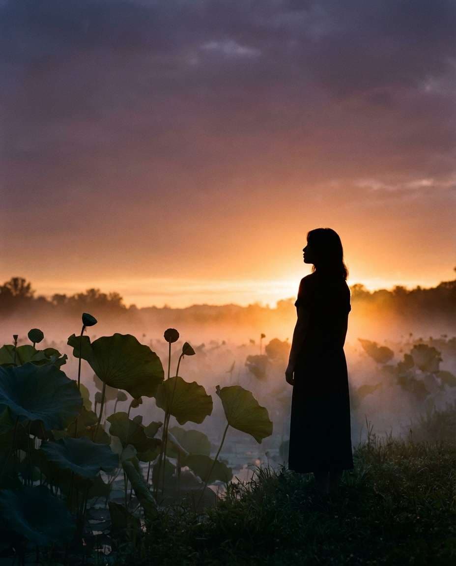 Cinematic Lotus Silhouette AI portrait example — AI Lotus Flower Photo Prompt
