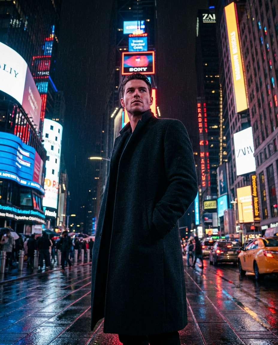 Cinematic Low Angle Hero AI portrait example — Gemini AI Photo Prompt Times Square