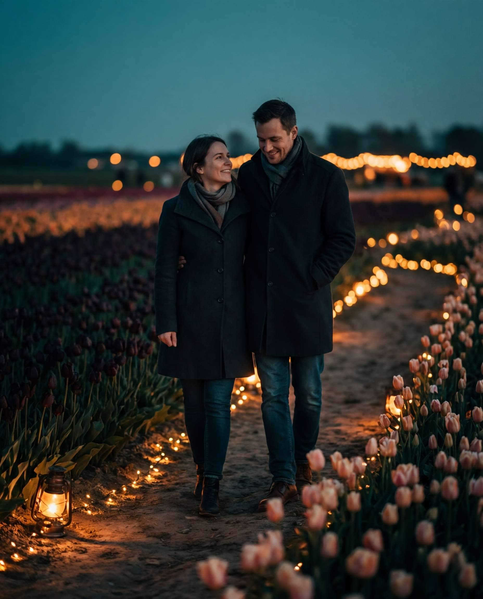 Cinematic Night Lanterns AI portrait example — AI Tulip Garden Photography Prompt