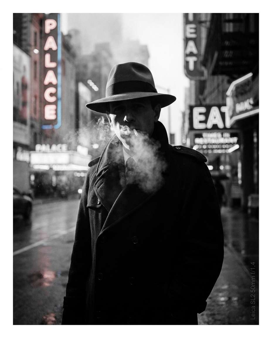 Cinematic Noir Mood AI portrait example — Gemini AI Photo Prompt Times Square
