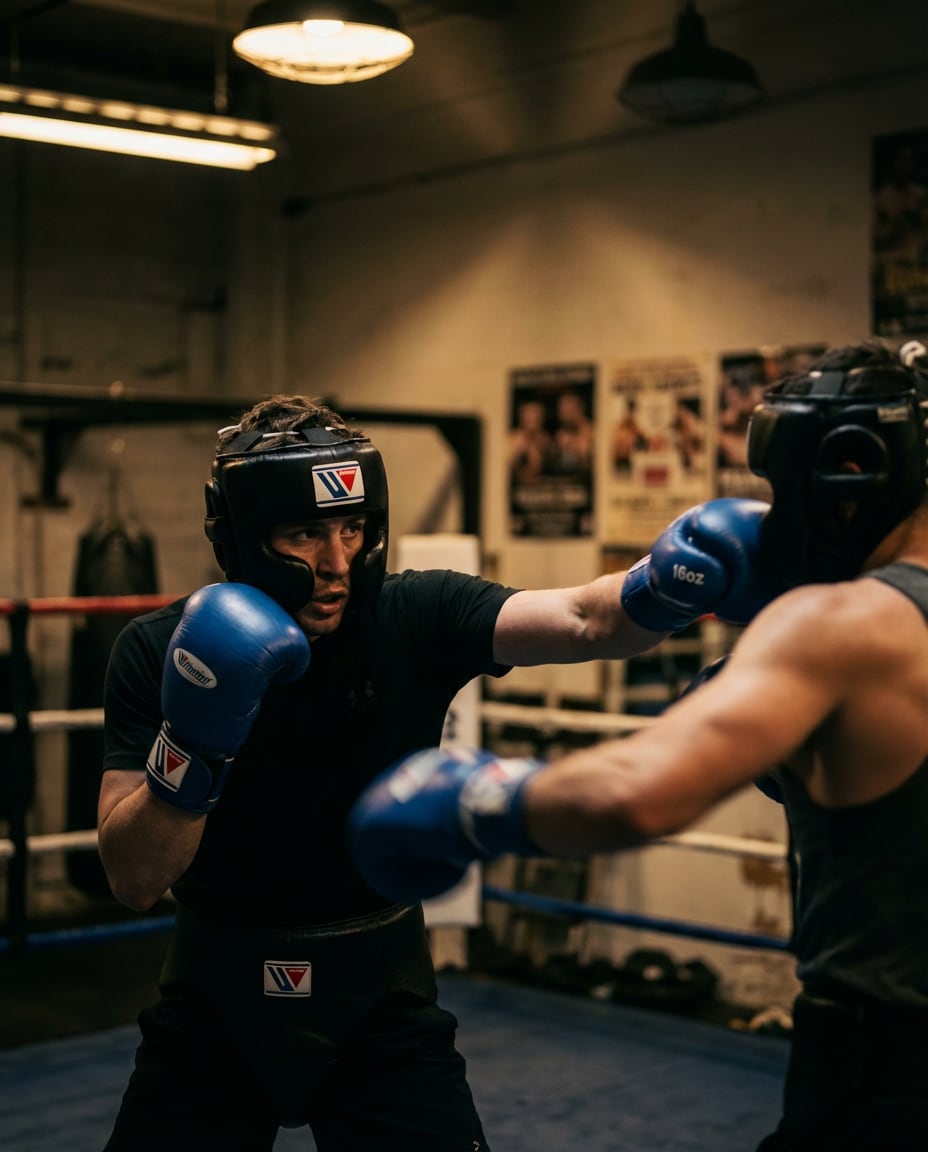 Cinematic Sparring Moment AI portrait — Gemini AI Boxing Photo Prompts