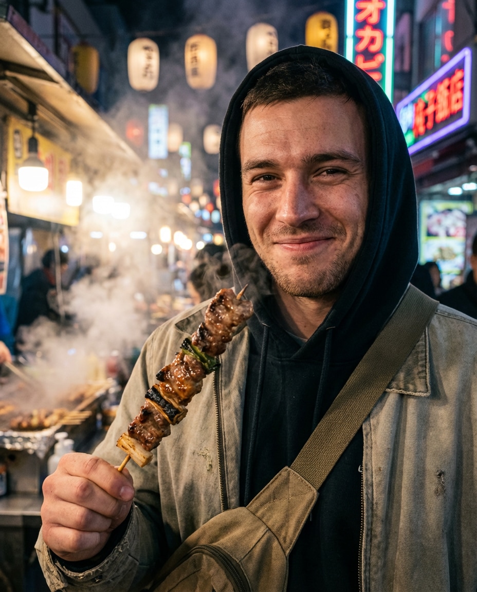 Cinematic Street Food AI portrait example — AI Travel Photography Prompt