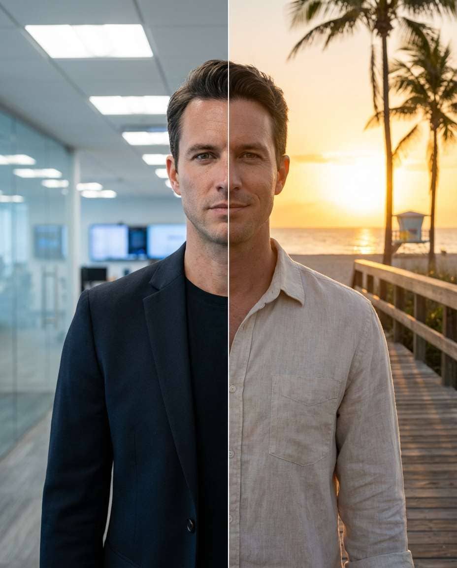 City CEO vs Beach Reset AI portrait — AI Split Photo Prompt