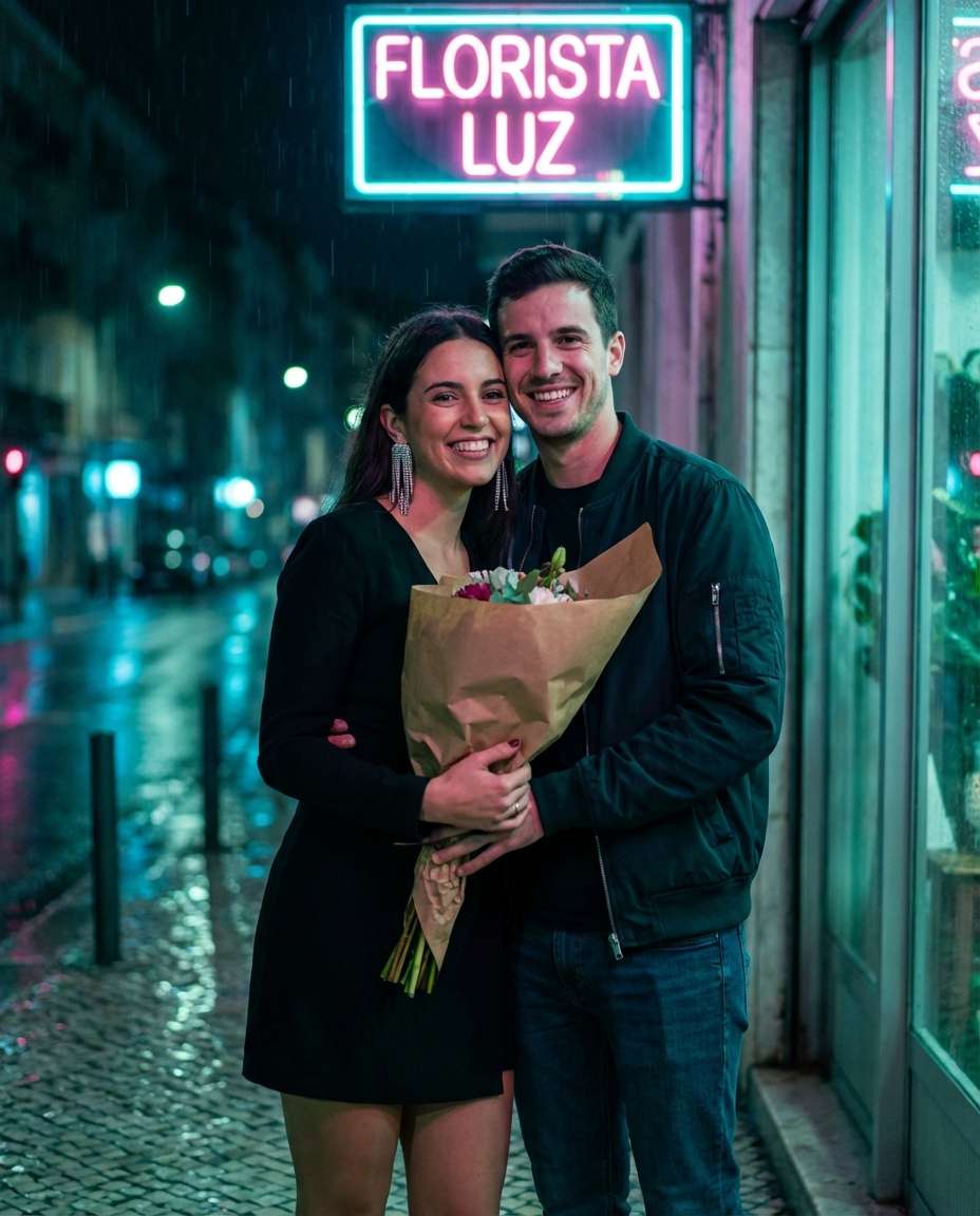 City Neon Floral Night AI portrait example — AI Couple Flower Photo