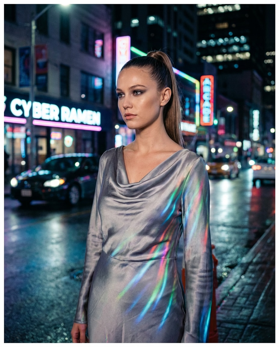 City Night Neon AI portrait — Gemini AI Silk Dress Prompt