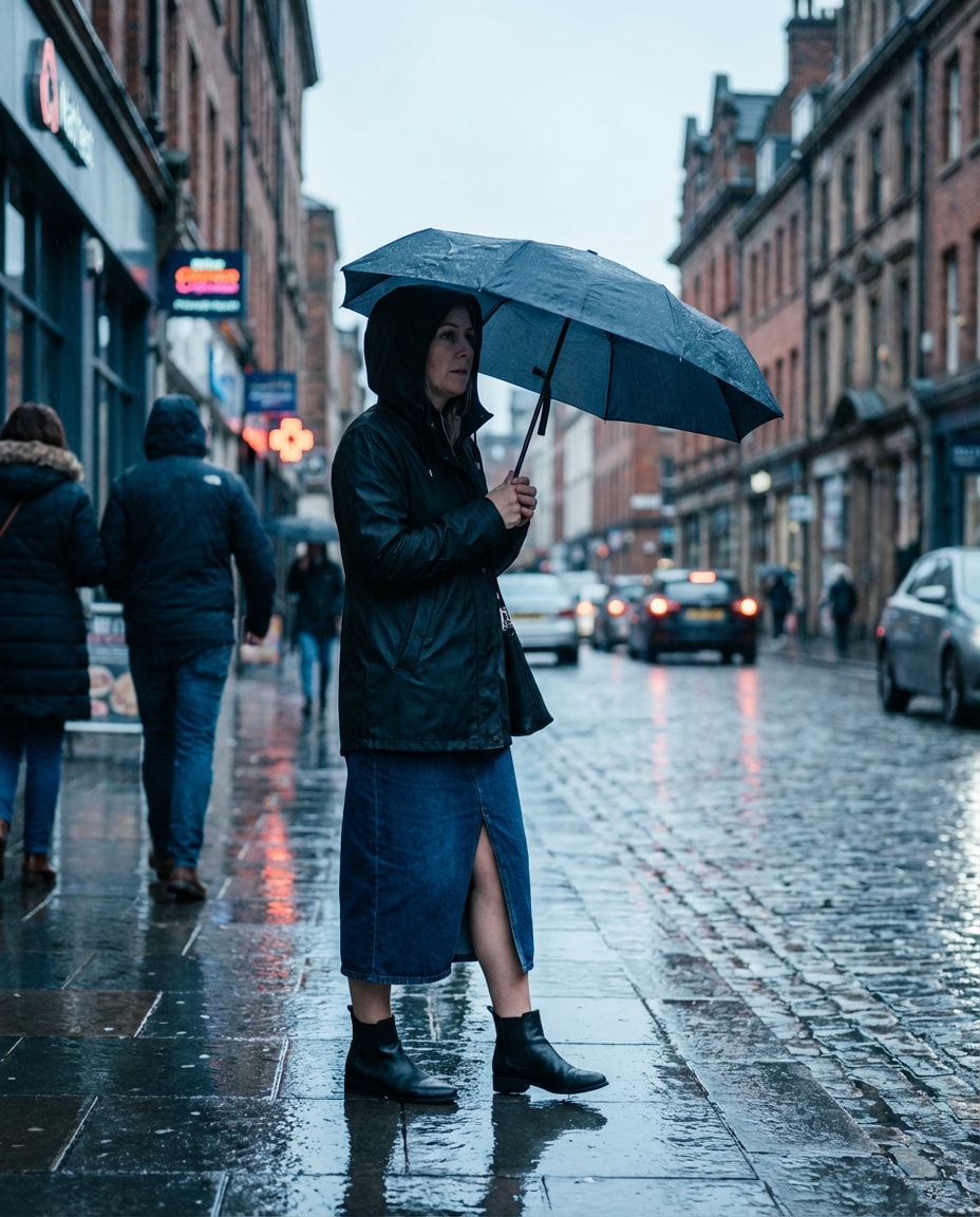 City Rainy Day AI portrait — Gemini AI Denim Skirt Prompt