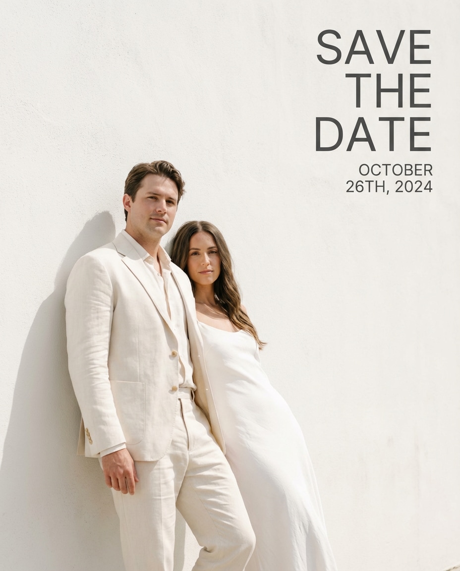 Classic White Wall AI portrait — Gemini AI Save The Date Prompt