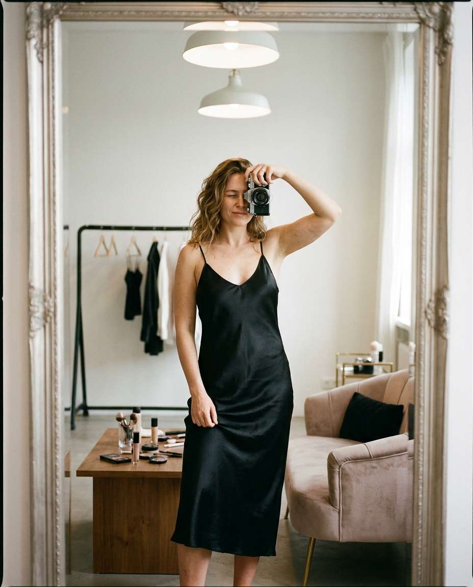 Clean Mirror Editorial AI portrait — Gemini AI Silk Dress Prompt