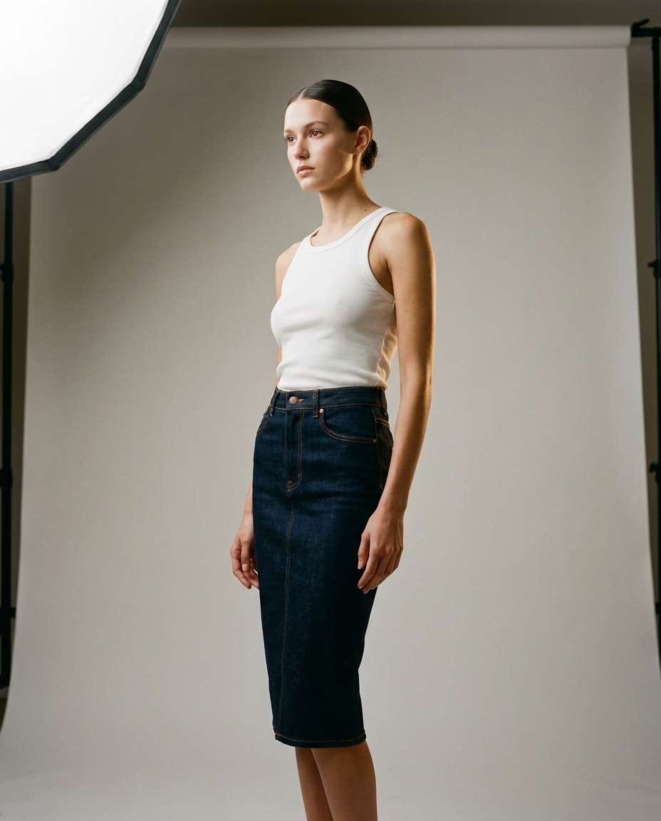 Clean Studio Editorial AI portrait — Gemini AI Denim Skirt Prompt
