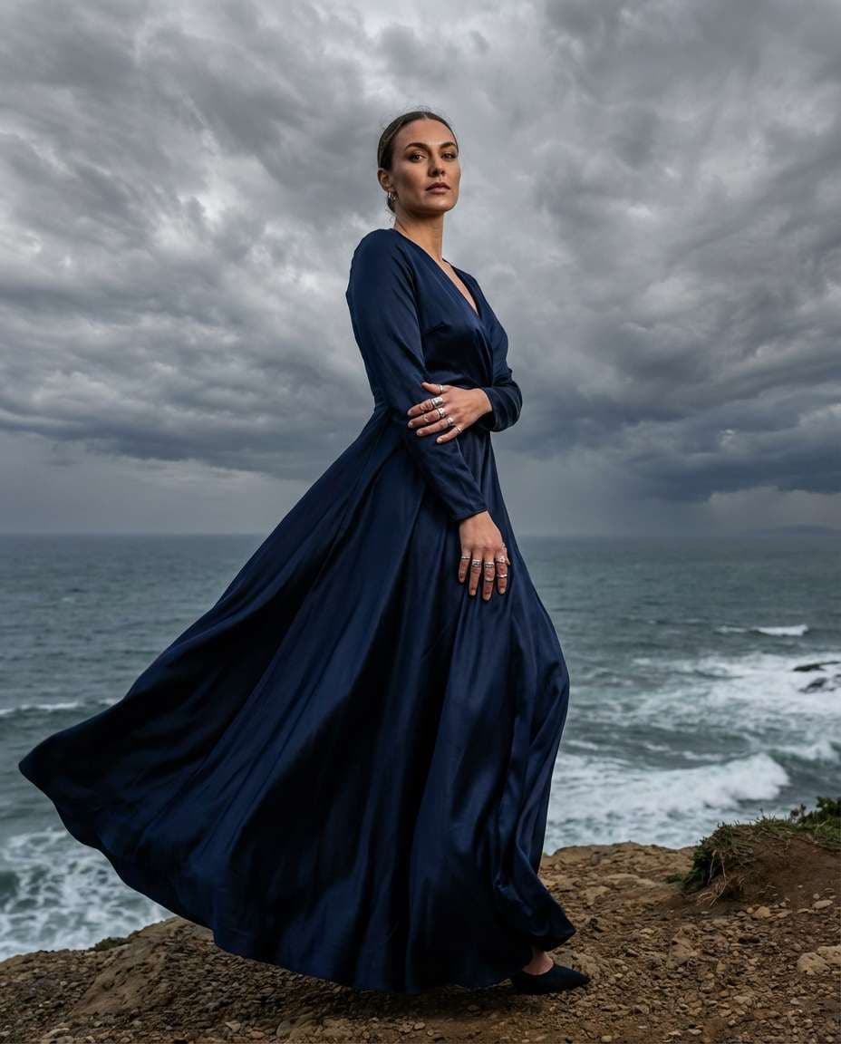Cliffside Satin Dress AI portrait — Gemini AI Prompt Sza Over The Sea