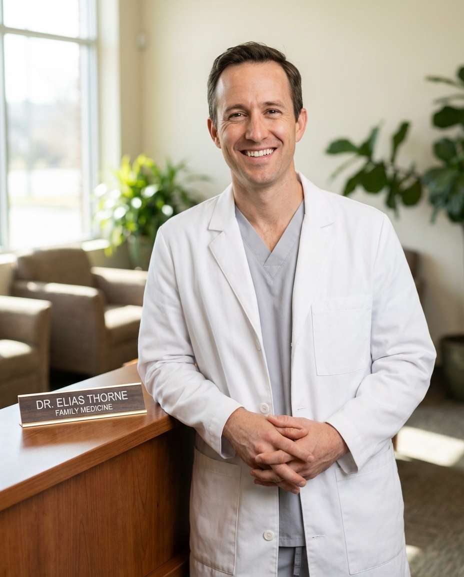 Clinic Reception Greeting AI portrait example — AI Doctor Photography Prompt