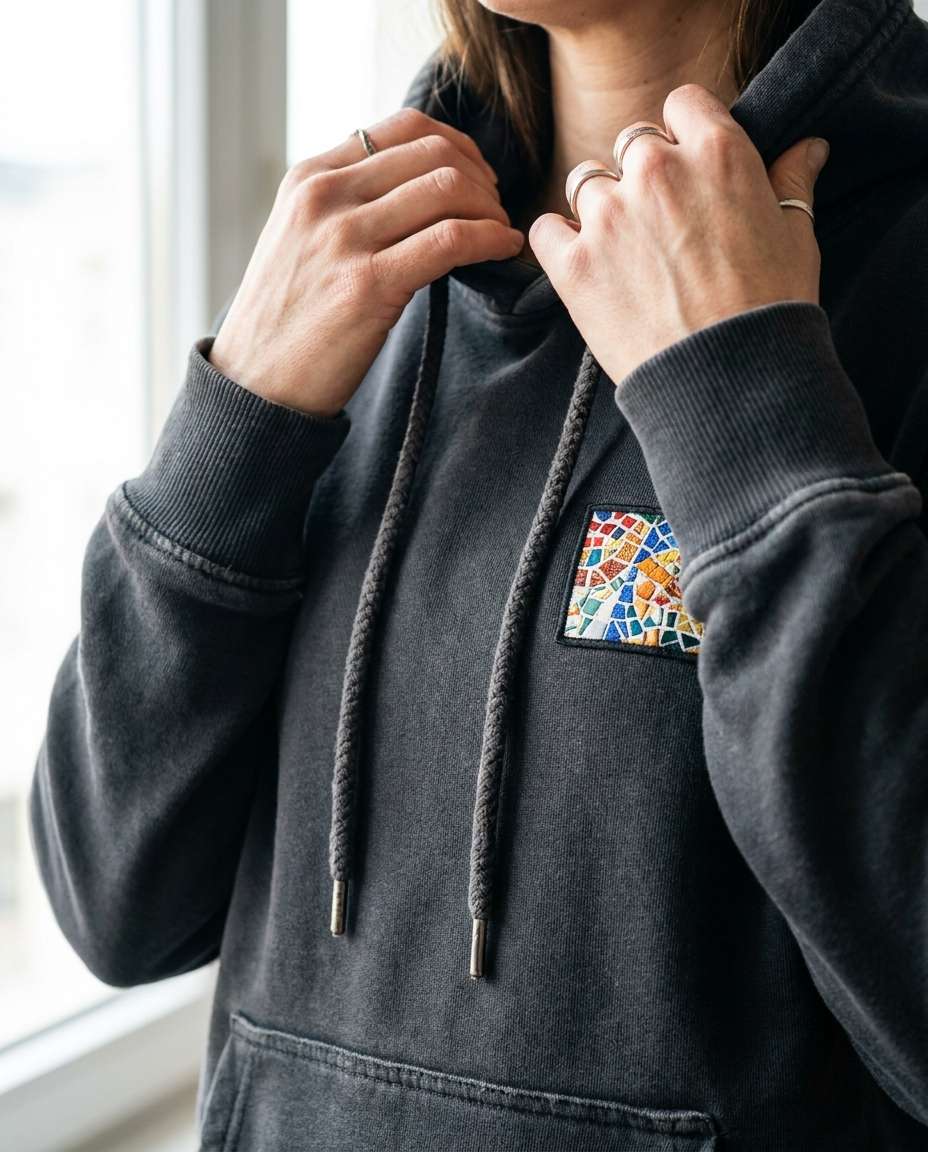Close-Up Hoodie Detail AI portrait — Gemini AI Barcelona Hoodie Prompt