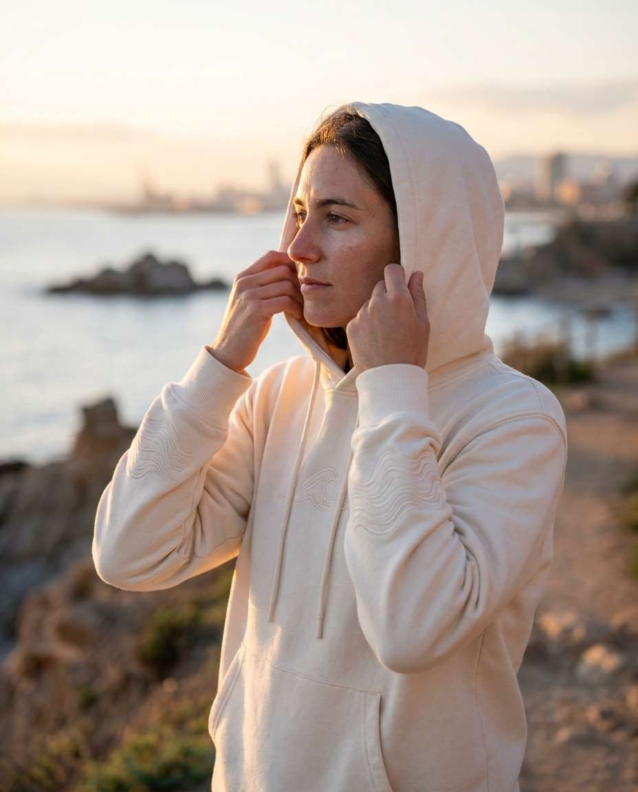 Coastal Sunset Glow AI portrait — Gemini AI Barcelona Hoodie Prompt