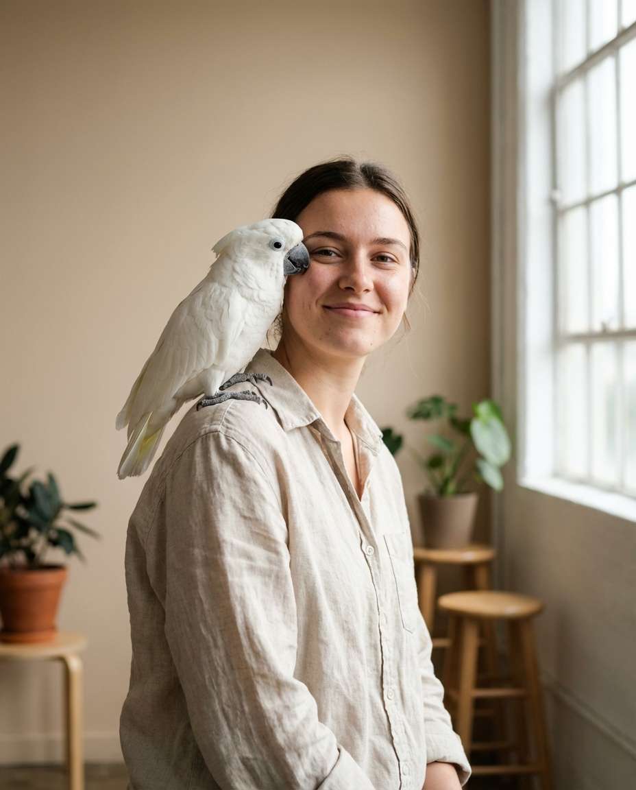 Cockatoo Shoulder Moment AI portrait — Gemini AI Bird Prompt