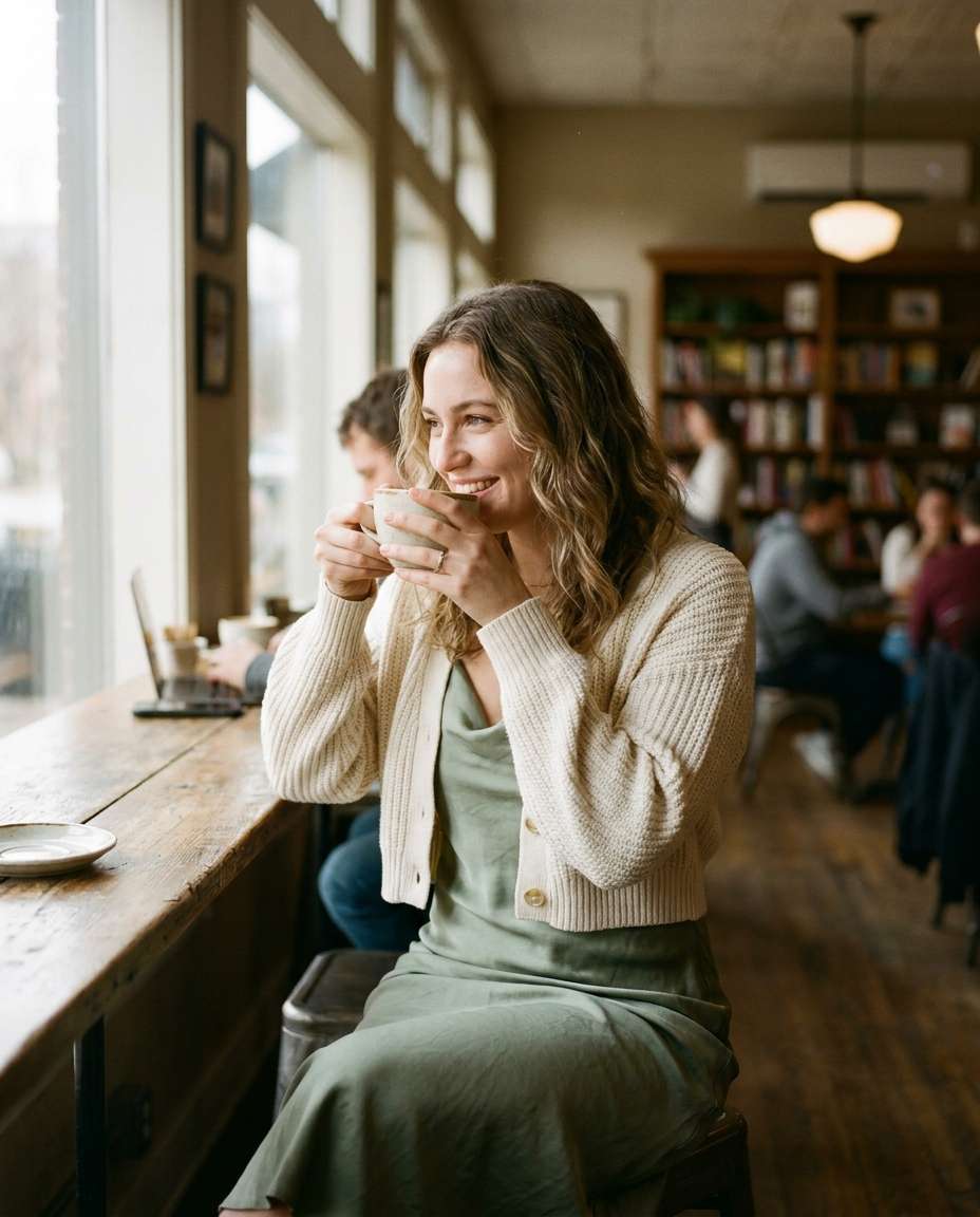 Coffee Shop Softness AI portrait — Gemini AI Silk Dress Prompt