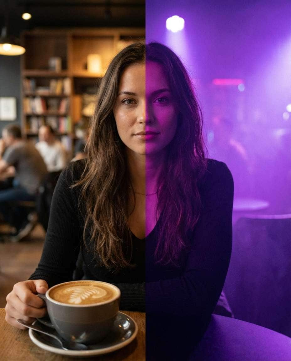 Coffee Shop vs Night Club AI portrait — AI Split Photo Prompt