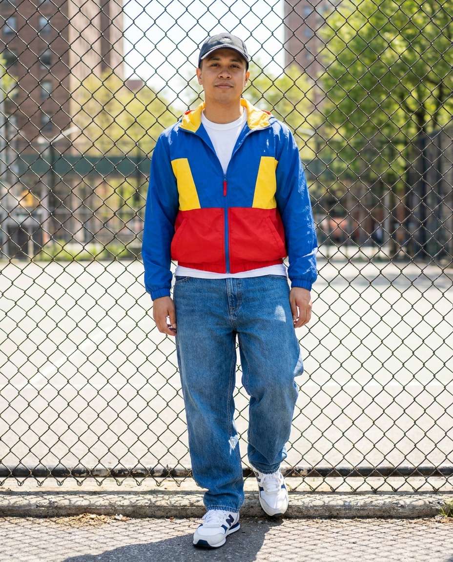 Color Block Windbreaker AI portrait example — Gemini AI Baggy Jeans Streetwear Prompt