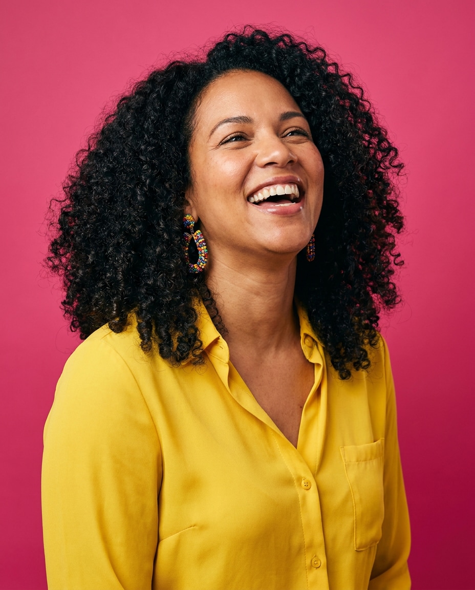 Colorful Studio Backdrop AI portrait example — Test 25 Curly Hairstyles with Gemini AI Prompt and See What Suits Your Texture