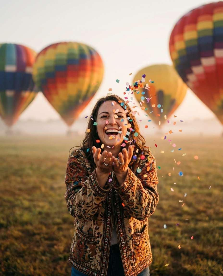 Confetti Celebration Shot AI portrait example — AI Hot Air Balloon Prompts for Gemini & ChatGPT