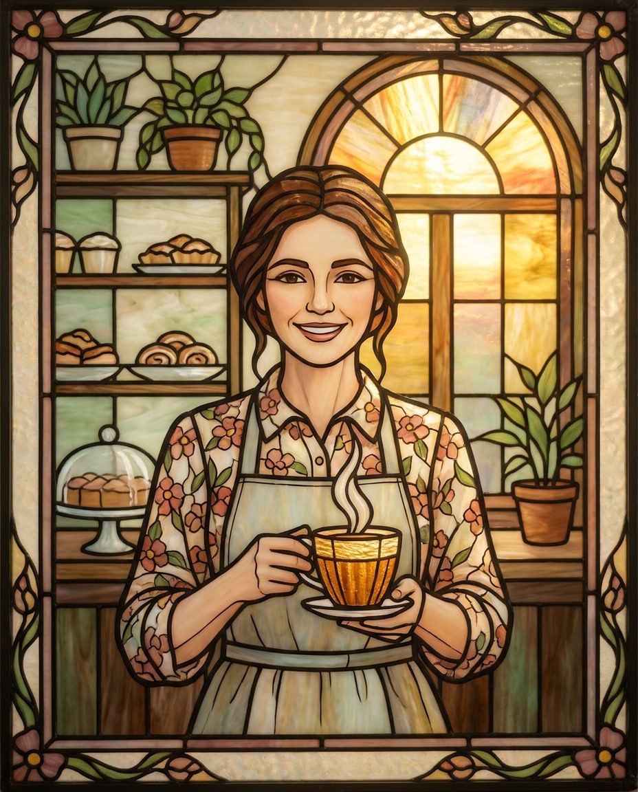 Cottagecore Barista AI portrait — Gemini AI Stained Glass Art Prompt