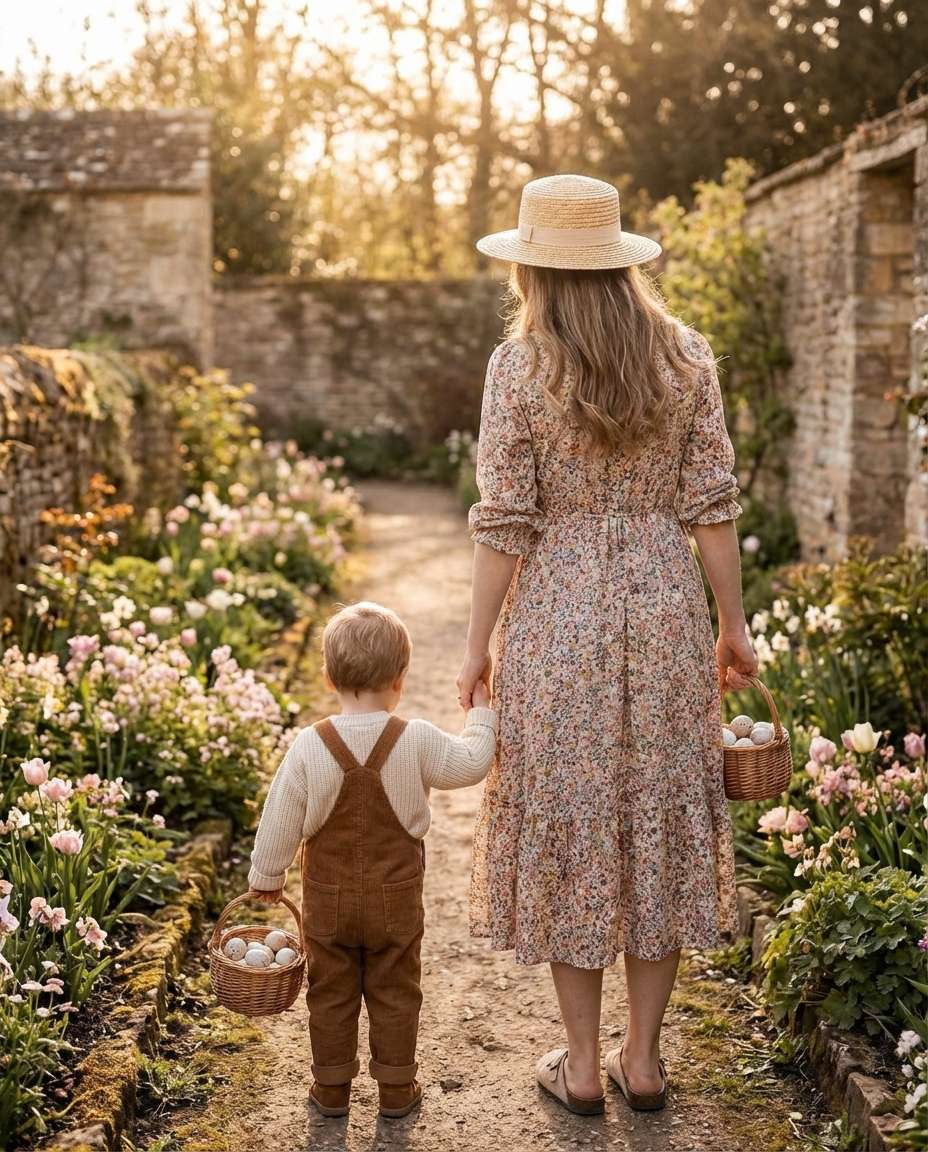 Cottagecore Basket Walk AI portrait example — AI Easter Baby Photography Prompt