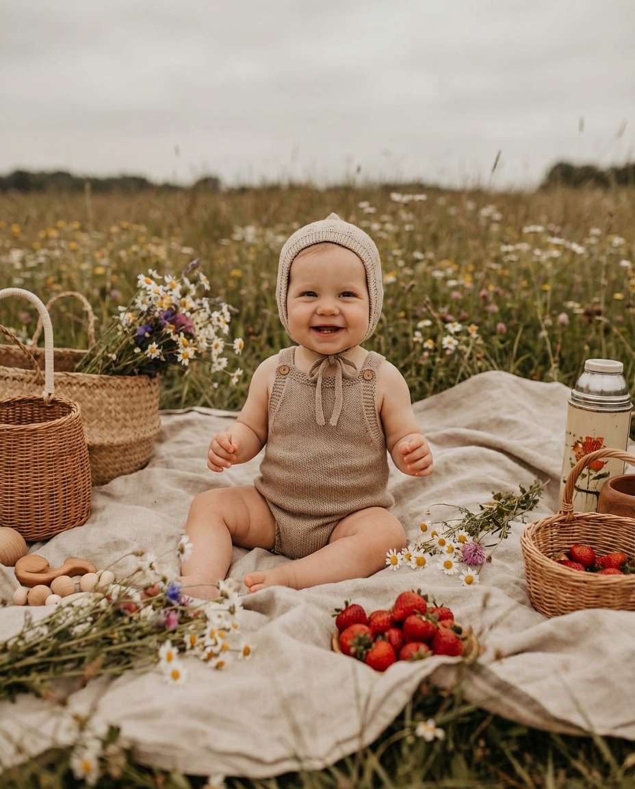Cottagecore Blanket Picnic AI portrait example — AI Baby Flower Photo Prompt