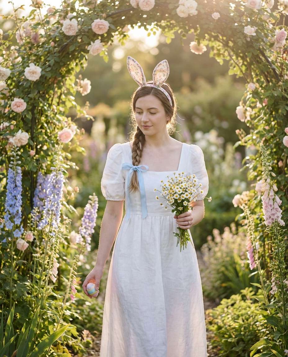 Cottagecore Bunny Girl AI portrait example — AI Easter Bunny Photography Prompt