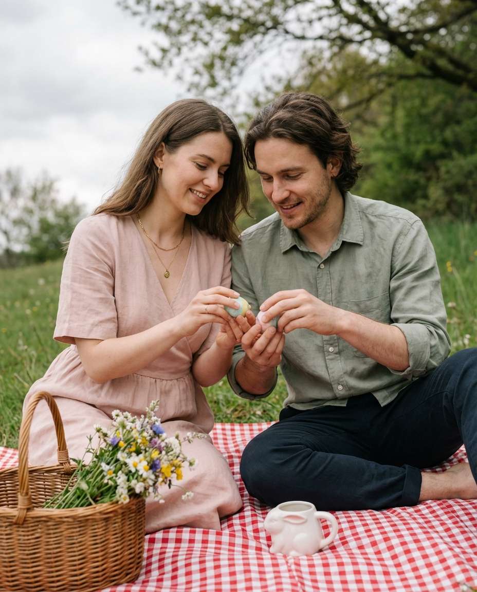 Cottagecore Egg Picnic AI portrait example — AI Easter Egg Photography Prompt