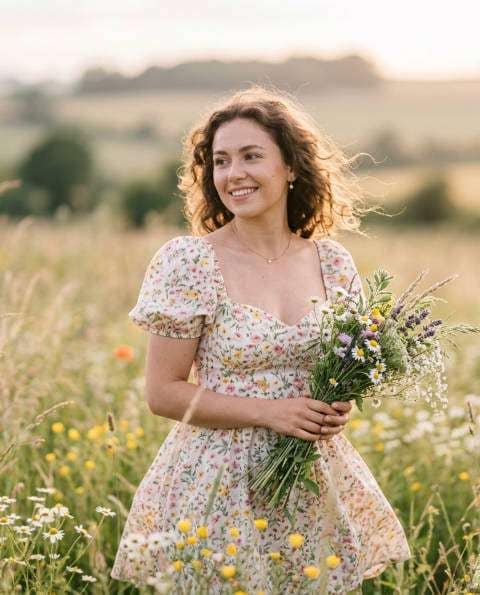 Cottagecore Floral Mini AI portrait — Gemini AI Short Dress Prompt