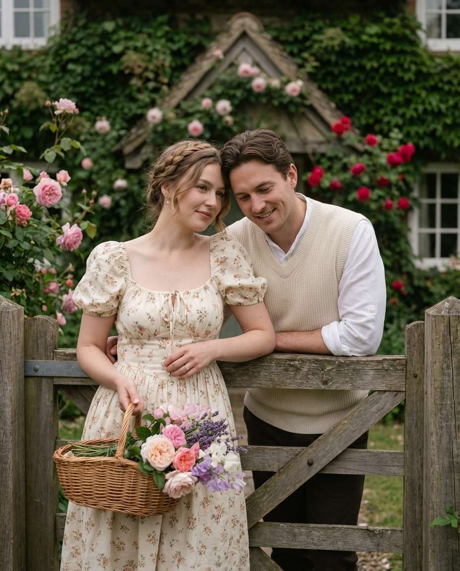 Cottagecore Garden Gate AI portrait example — AI Couple Flower Photo