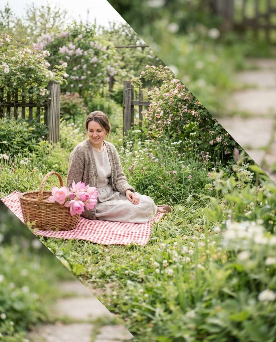 Cottagecore Lotus Picnic AI portrait example — AI Lotus Flower Photo Prompt