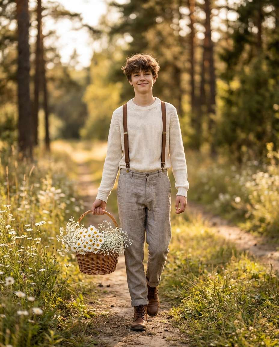 Cottagecore Path AI portrait example — AI Flower Photo Prompt for Boys