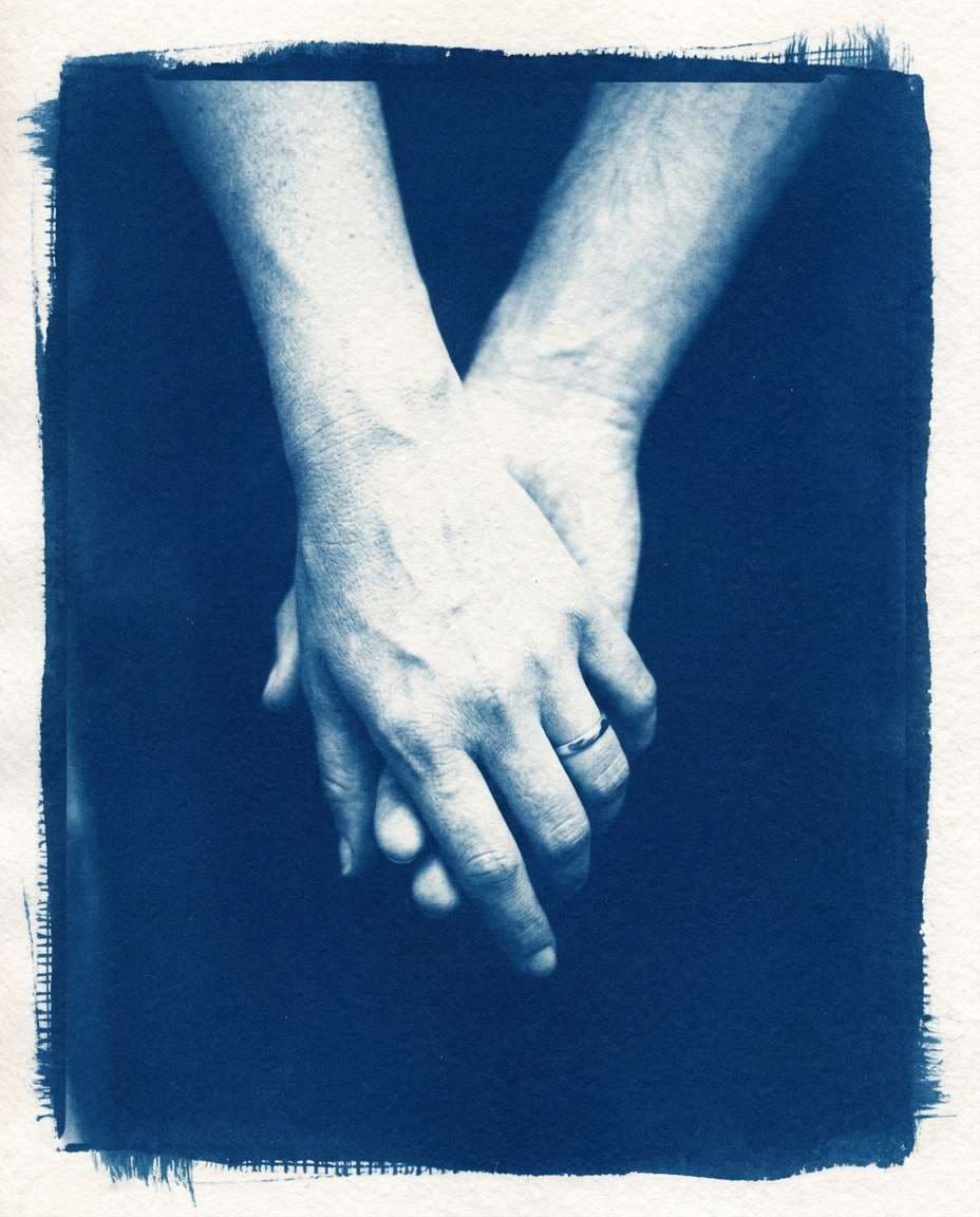 Couple Handhold Close-Up AI portrait example — Free AI Cyanotype Photo Prompts for Gemini & ChatGPT
