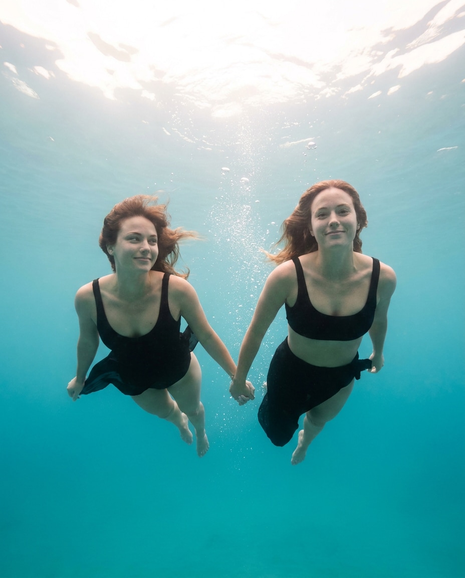 Couple Handhold Drift AI portrait example — Gemini AI Underwater Prompt