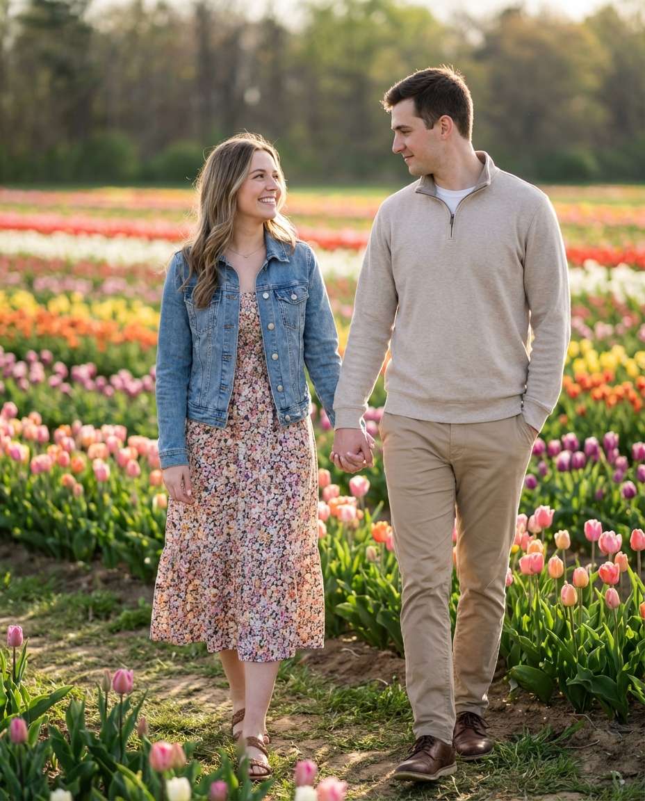 Couple Tulip Stroll AI portrait example — AI Flower Photo Prompt for Girls